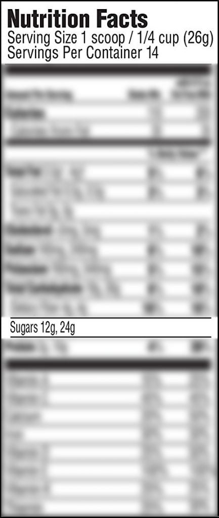 Protein Powder Nutrition Label with 12 Grams of Sugar per Quarter Cup